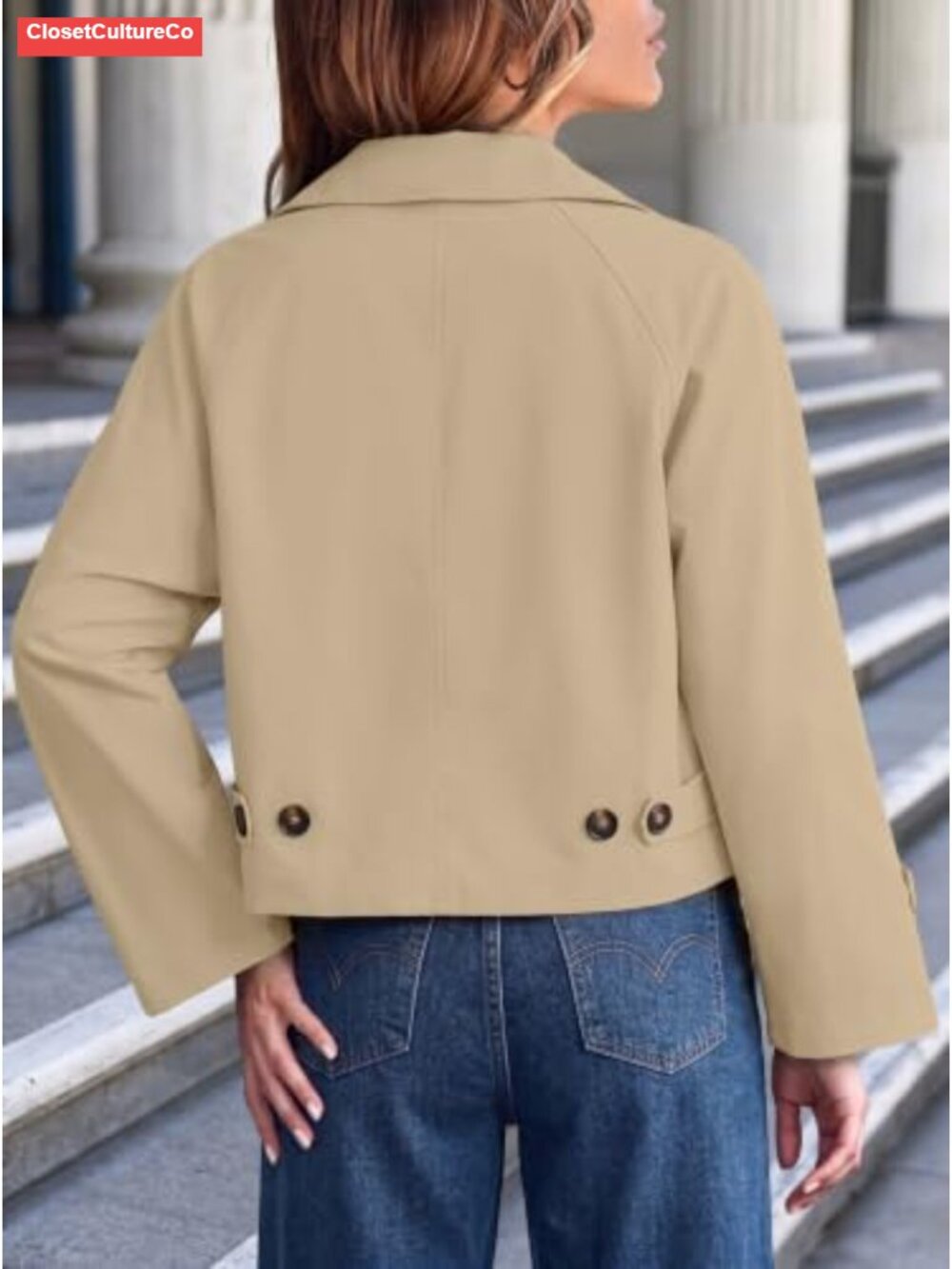 Women's Oversized Cropped Trench Coat Lightweight Casual Jacket - Picture 4 of 6